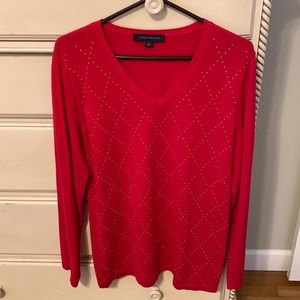 Tommy Hilfiger V Neck Pullover Sweater Red Gold Studs Women’s L Embellished
